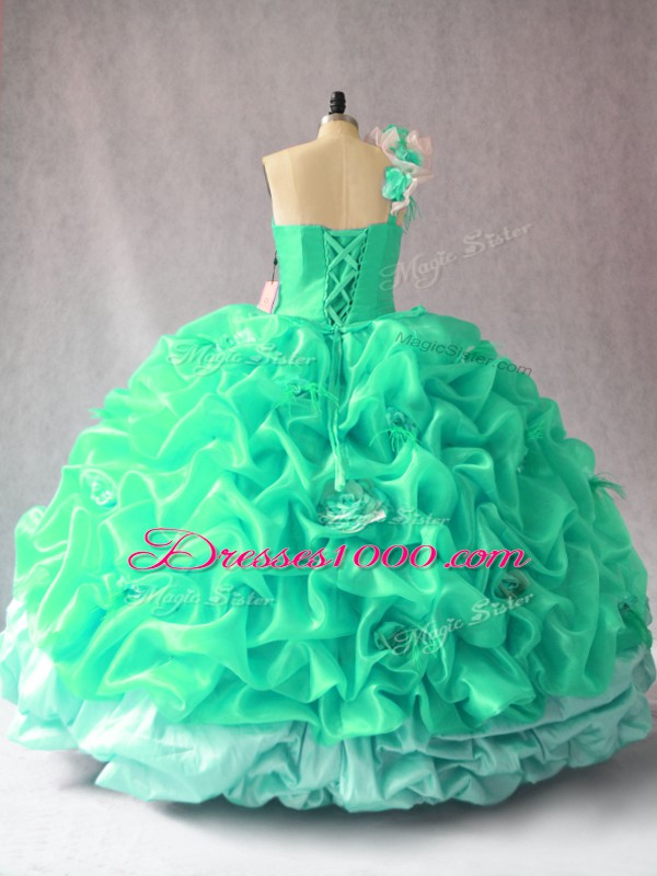 Clearance Turquoise Ball Gowns One Shoulder Sleeveless Organza Floor Length Lace Up Pick Ups and Hand Made Flower 15th Birthday Dress