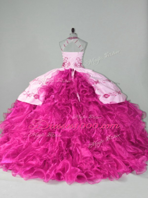 Hot Pink Halter Top Lace Up Embroidery and Ruffles Quinceanera Dress Court Train Sleeveless