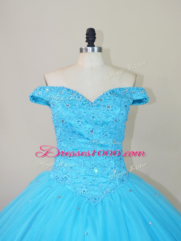 Floor Length Blue Quinceanera Gown Tulle Sleeveless Beading