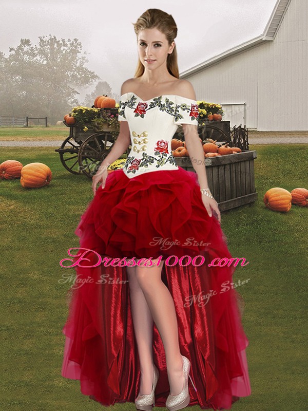 White And Red Tulle Lace Up Sweet 16 Dress Sleeveless Floor Length Embroidery and Ruffles