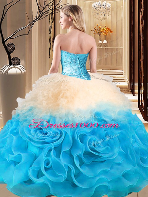 Sleeveless Floor Length Beading and Ruffles Lace Up Quinceanera Gowns with Multi-color
