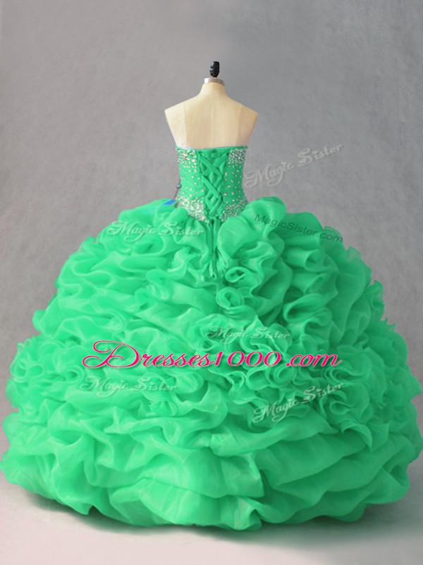 Unique Floor Length Green Sweet 16 Quinceanera Dress Organza Sleeveless Beading and Pick Ups and Hand Made Flower