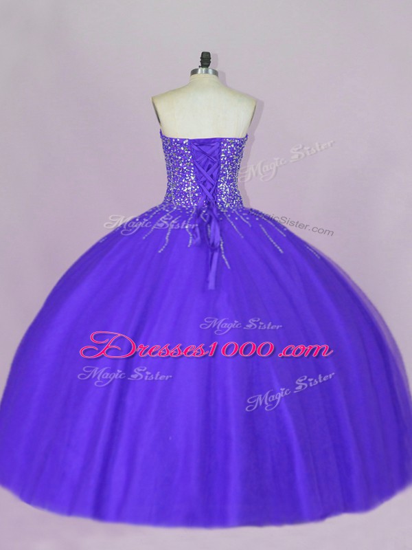 Blue and Purple Tulle Lace Up Sweetheart Sleeveless Floor Length Quinceanera Gown Beading