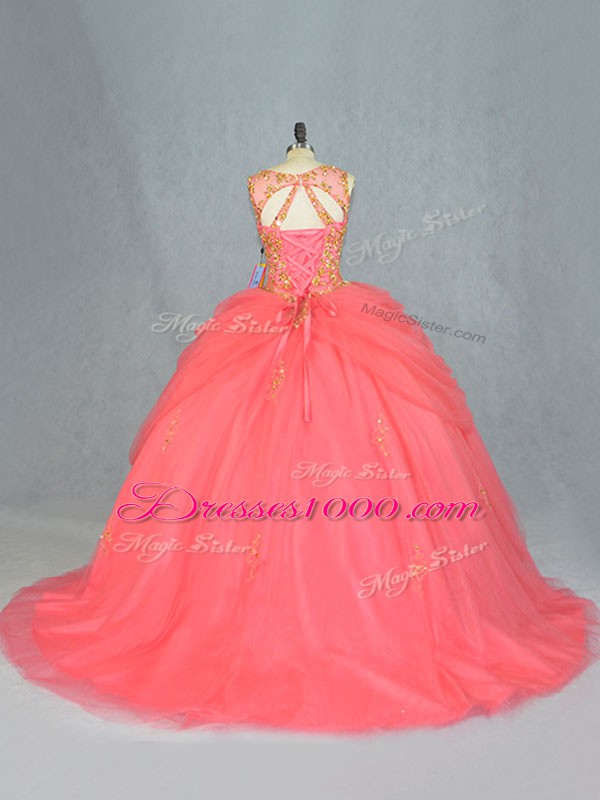 Watermelon Red Ball Gowns Scoop Sleeveless Tulle Brush Train Lace Up Beading Vestidos de Quinceanera