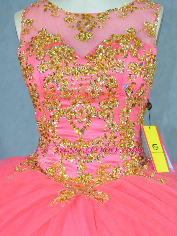 Watermelon Red Ball Gowns Scoop Sleeveless Tulle Brush Train Lace Up Beading Vestidos de Quinceanera