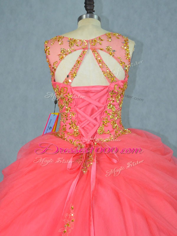 Watermelon Red Ball Gowns Scoop Sleeveless Tulle Brush Train Lace Up Beading Vestidos de Quinceanera