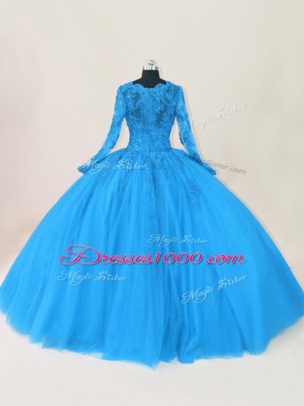 Floor Length Blue Ball Gown Prom Dress Scalloped Long Sleeves Zipper