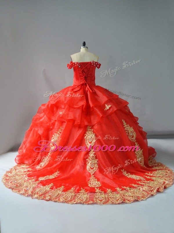 Sleeveless Appliques and Hand Made Flower Lace Up Ball Gown Prom Dress with Red Court Train