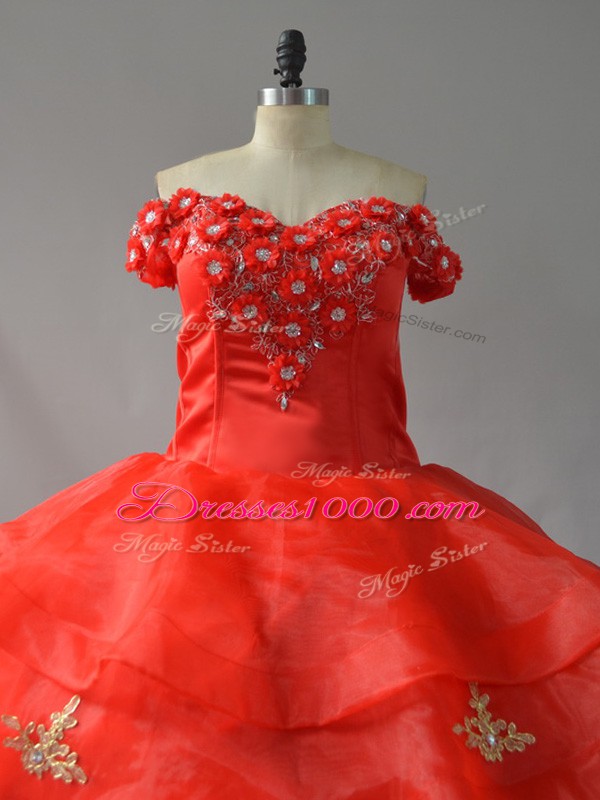 Sleeveless Appliques and Hand Made Flower Lace Up Ball Gown Prom Dress with Red Court Train
