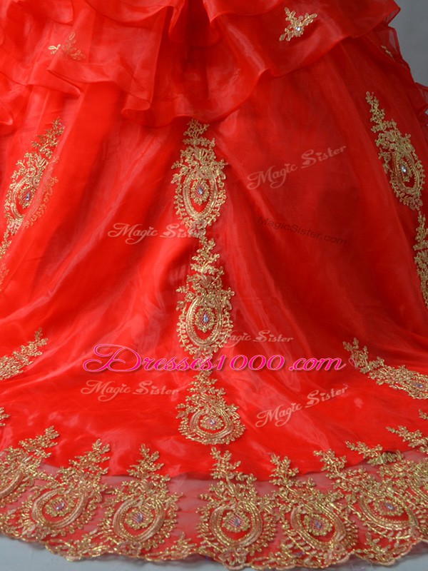 Sleeveless Appliques and Hand Made Flower Lace Up Ball Gown Prom Dress with Red Court Train