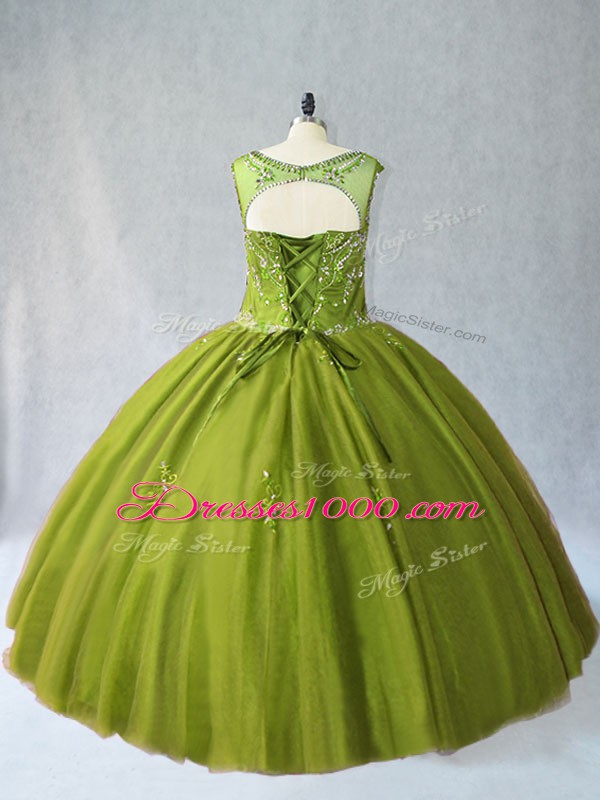 Best Sleeveless Floor Length Beading Lace Up 15 Quinceanera Dress with Olive Green