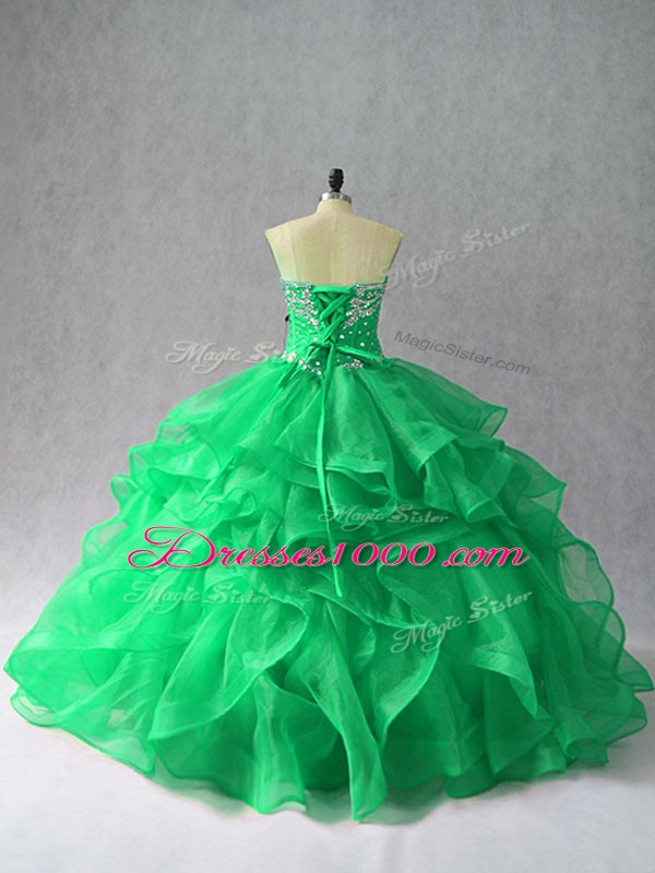 High Quality Sweetheart Sleeveless Sweet 16 Quinceanera Dress Floor Length Beading and Ruffles Green Organza