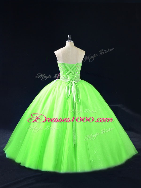 Stunning Ball Gowns Tulle Sweetheart Sleeveless Beading Floor Length Lace Up Quince Ball Gowns