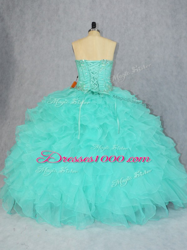 Aqua Blue Sleeveless Organza Lace Up Quinceanera Gowns for Sweet 16 and Quinceanera