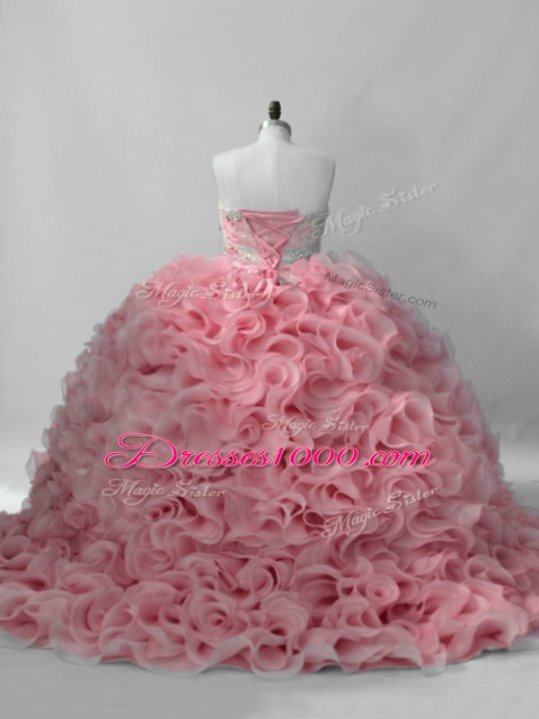 Sweetheart Sleeveless 15th Birthday Dress Brush Train Beading Pink Fabric With Rolling Flowers