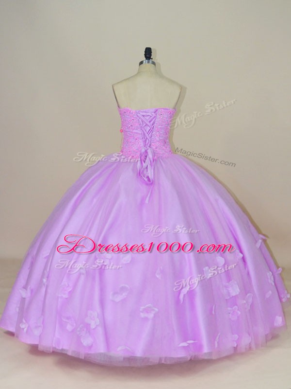 Sleeveless Floor Length Hand Made Flower Lace Up Vestidos de Quinceanera with Lilac