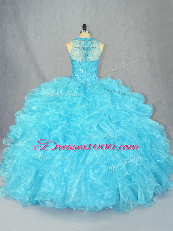Traditional Floor Length Baby Blue Vestidos de Quinceanera Scoop Sleeveless Zipper