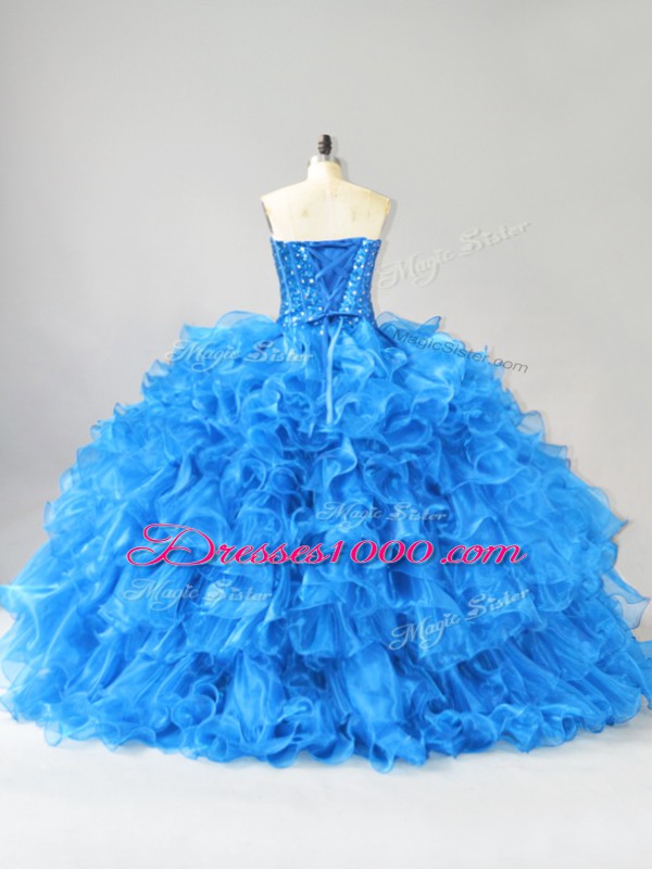 Beading and Ruffles and Sequins Sweet 16 Dresses Blue Lace Up Sleeveless Floor Length