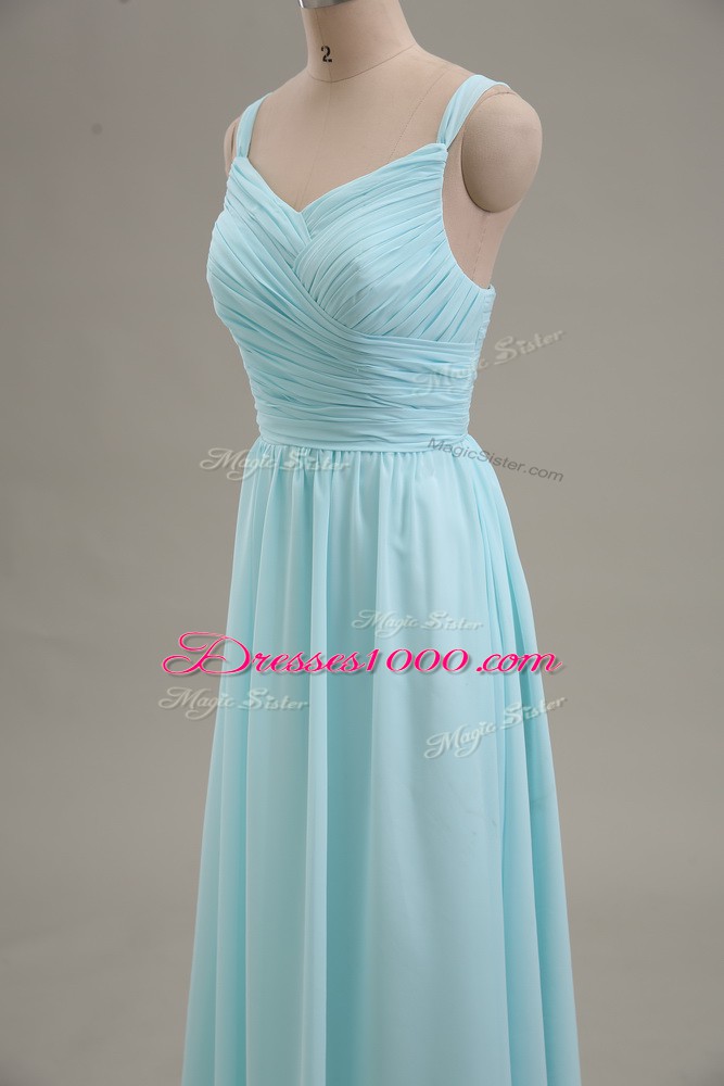Empire Prom Dress Blue Straps Chiffon Sleeveless Floor Length Zipper