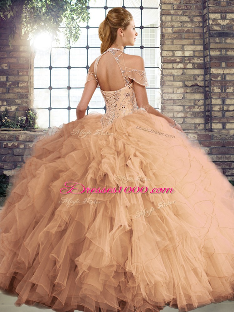 Inexpensive Green Tulle Lace Up Quince Ball Gowns Sleeveless Floor Length Beading and Ruffles