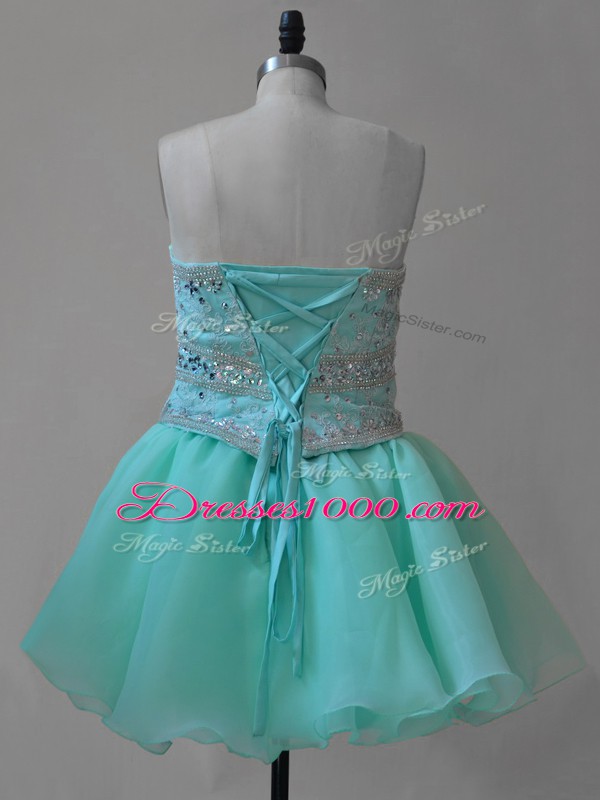 On Sale Mini Length Lace Up Dress for Prom Aqua Blue for Prom and Party with Beading and Lace