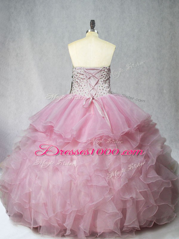 Enchanting Sweetheart Sleeveless Quince Ball Gowns Floor Length Beading and Ruffles Pink Organza