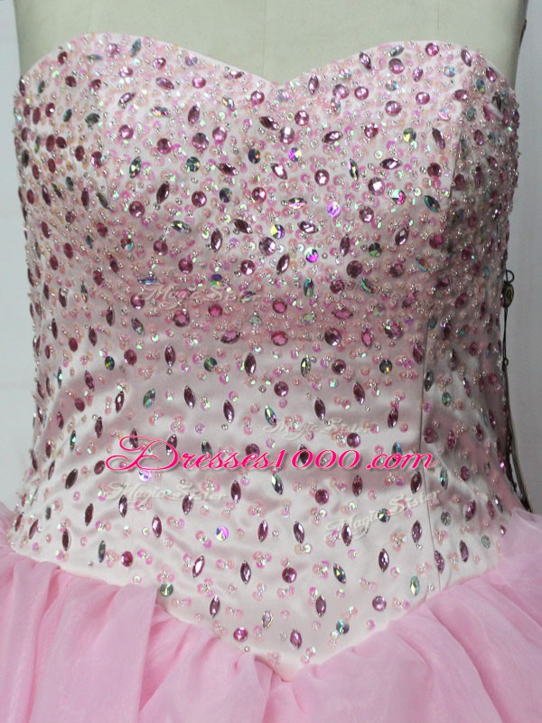 Enchanting Sweetheart Sleeveless Quince Ball Gowns Floor Length Beading and Ruffles Pink Organza