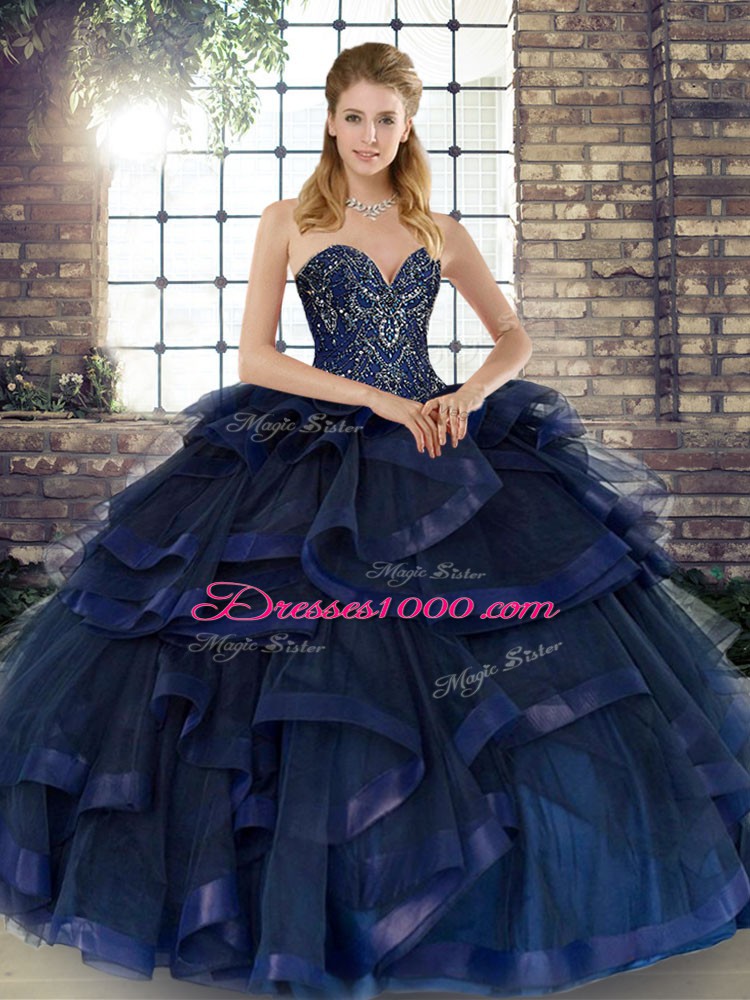 Sweetheart Sleeveless Tulle Ball Gown Prom Dress Beading and Ruffles Lace Up