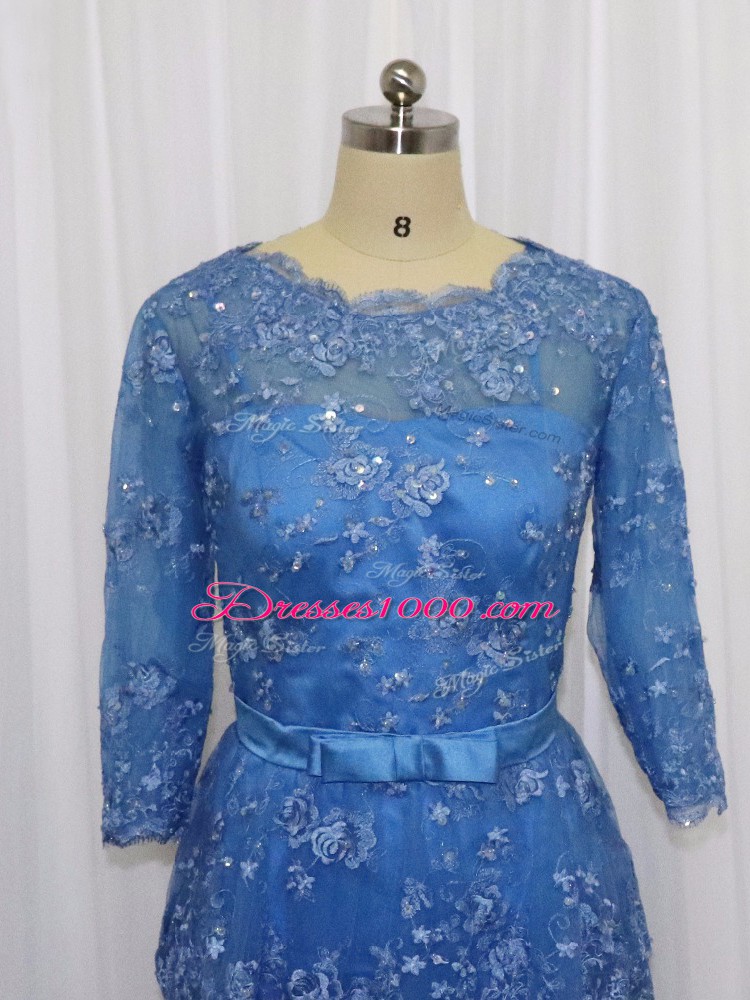 Trendy Blue Long Sleeves Satin Zipper Prom Party Dress for Prom and Party and Military Ball and Beach