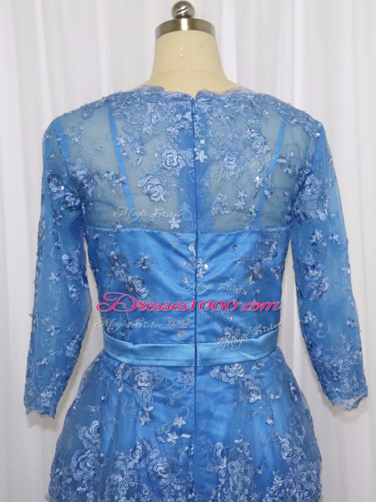 Trendy Blue Long Sleeves Satin Zipper Prom Party Dress for Prom and Party and Military Ball and Beach