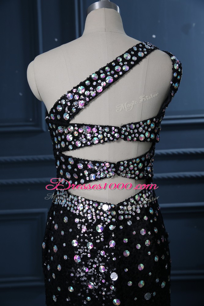 Black Mermaid One Shoulder Sleeveless Sequined Brush Train Backless Beading Juniors Evening Dress