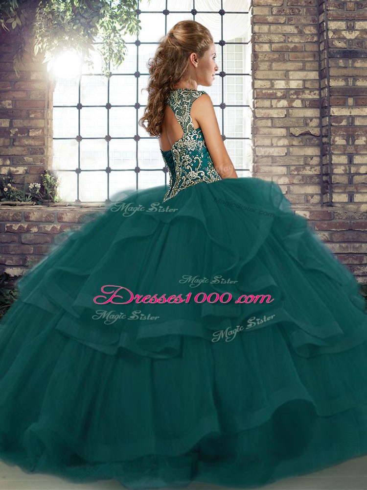 Fancy Straps Sleeveless Lace Up Quinceanera Dress Blue Tulle
