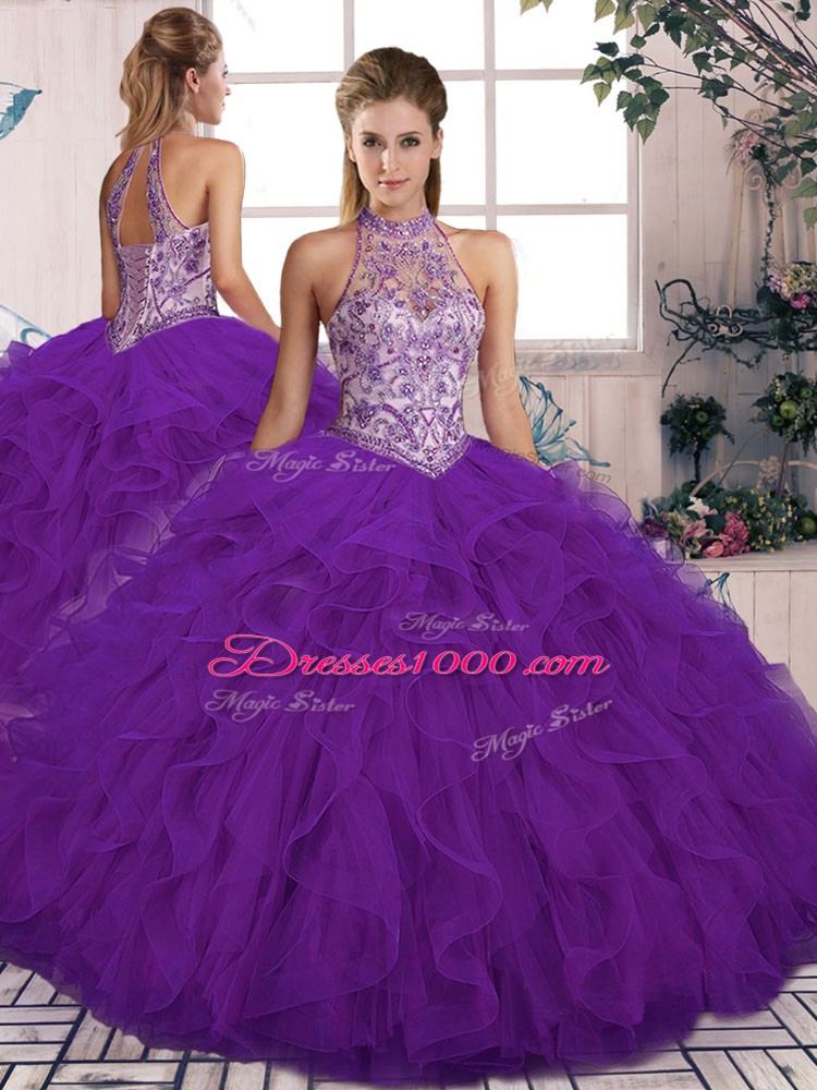 Colorful Purple Lace Up Quince Ball Gowns Beading and Ruffles Sleeveless Floor Length