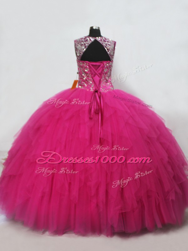 Hot Pink Ball Gowns Straps Sleeveless Tulle Lace Up Beading and Ruffles Sweet 16 Quinceanera Dress