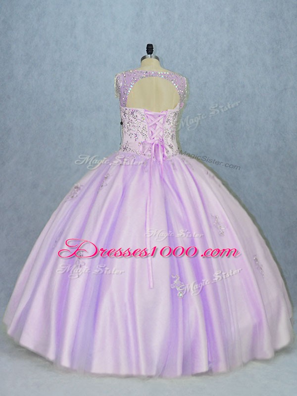 Lavender Ball Gowns Beading Sweet 16 Dresses Lace Up Tulle Sleeveless Floor Length