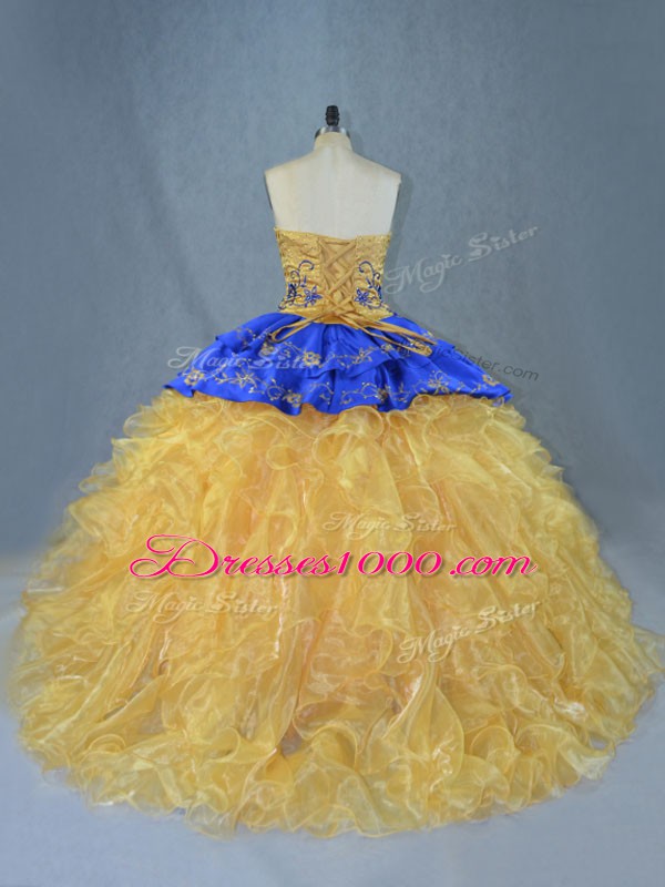 Fine Gold Ball Gowns Embroidery and Ruffles Quince Ball Gowns Lace Up Organza Sleeveless