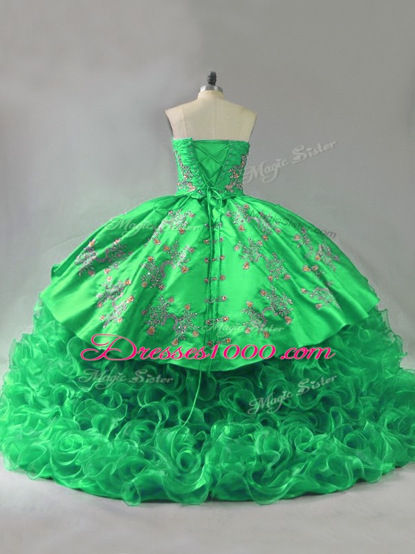 Green Sweetheart Lace Up Embroidery and Ruffles Sweet 16 Quinceanera Dress Sleeveless