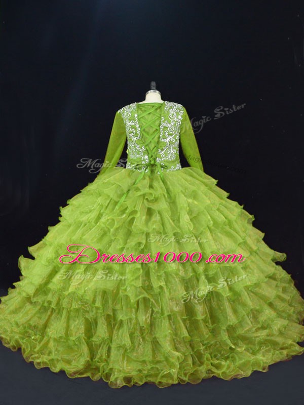 Modest Organza Long Sleeves Floor Length Quince Ball Gowns and Ruffled Layers