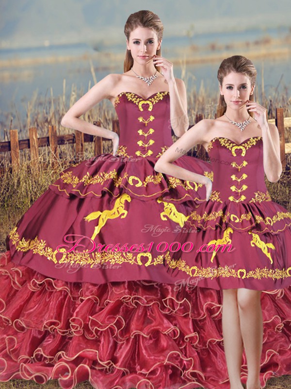 Cute Floor Length Burgundy Sweet 16 Dress Sweetheart Sleeveless Brush Train Lace Up