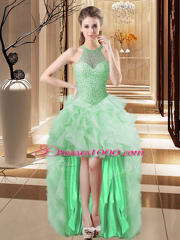 Sumptuous Apple Green Ball Gowns Halter Top Sleeveless Organza Brush Train Lace Up Beading and Ruffles Quinceanera Gown