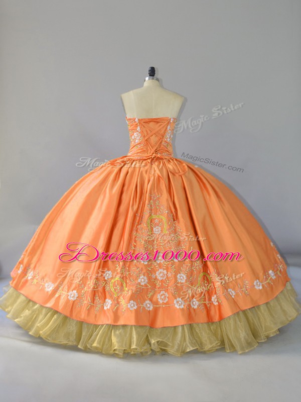 Customized Sleeveless Satin and Organza Floor Length Lace Up Quinceanera Gowns in Orange with Embroidery and Ruffled Layers