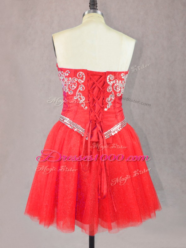 Glorious Red A-line Sweetheart Sleeveless Tulle Mini Length Lace Up Beading Party Dress Wholesale