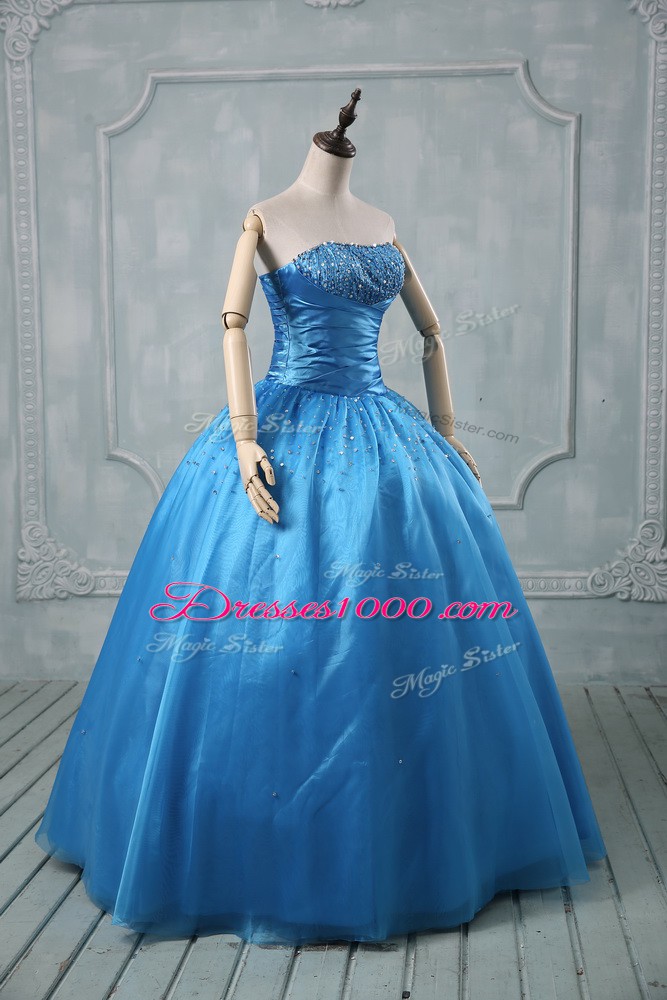 Spectacular Baby Blue Strapless Neckline Beading and Sequins Sweet 16 Dress Sleeveless Lace Up