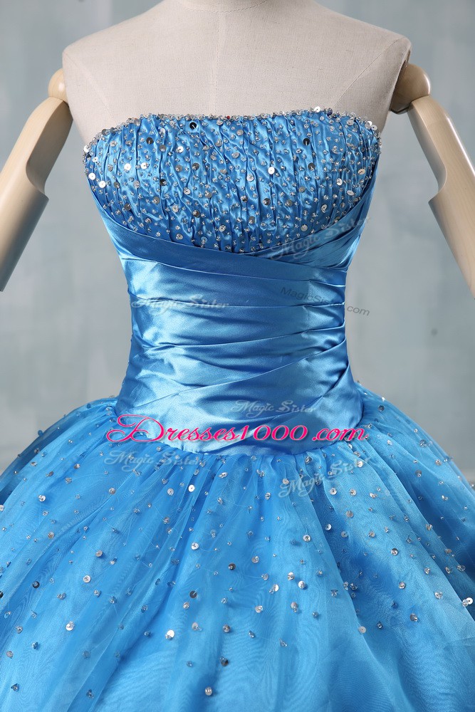 Spectacular Baby Blue Strapless Neckline Beading and Sequins Sweet 16 Dress Sleeveless Lace Up
