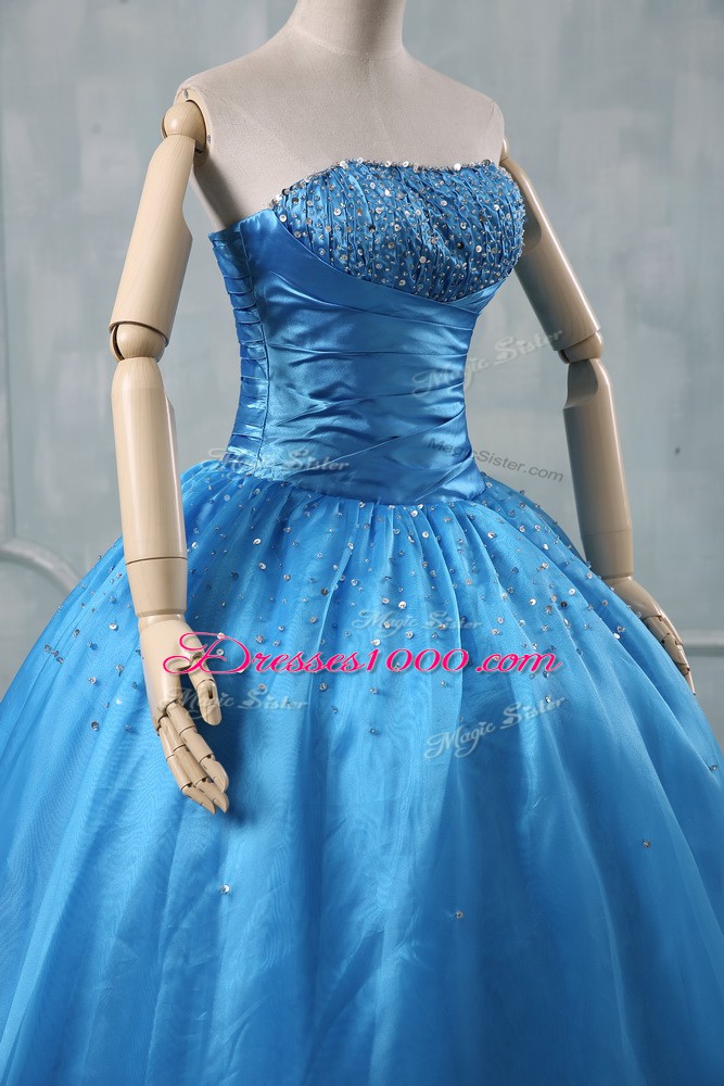 Spectacular Baby Blue Strapless Neckline Beading and Sequins Sweet 16 Dress Sleeveless Lace Up