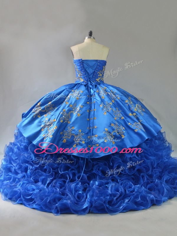 Sleeveless Embroidery and Ruffles Lace Up Ball Gown Prom Dress with Royal Blue