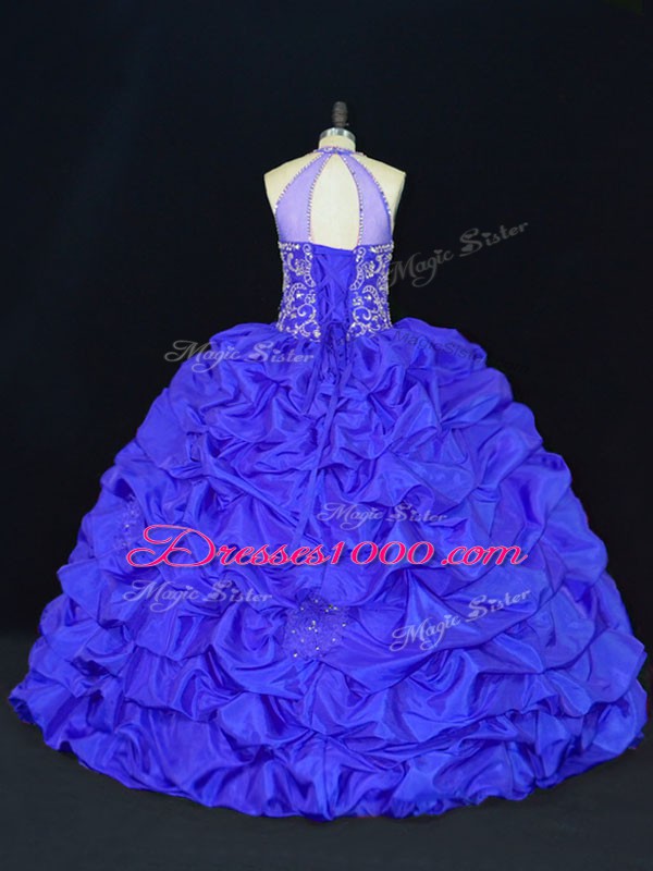 Floor Length Royal Blue Ball Gown Prom Dress Taffeta Sleeveless Beading and Appliques and Embroidery and Pick Ups