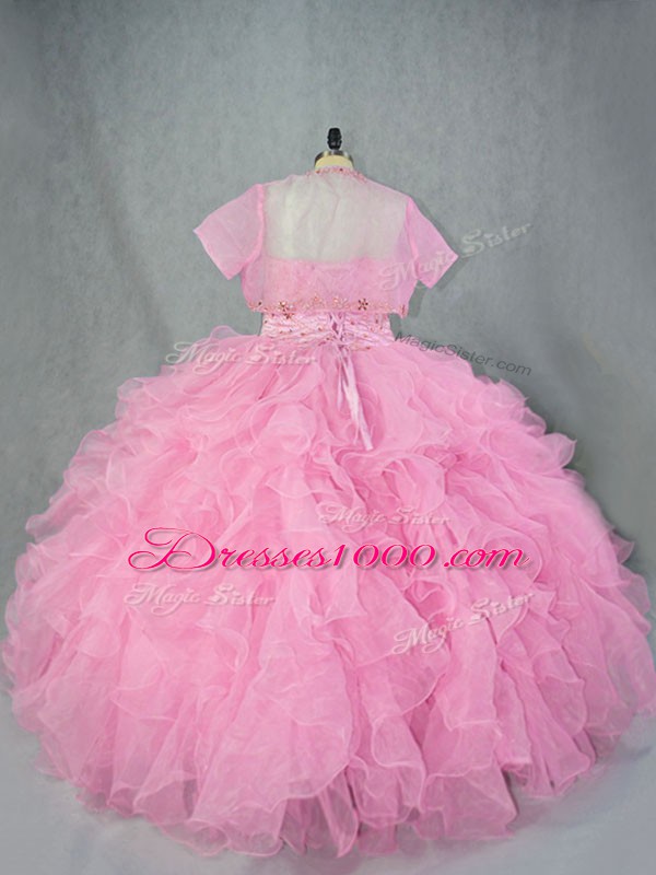 Glorious Baby Pink Ball Gowns Sweetheart Sleeveless Organza Floor Length Lace Up Beading and Ruffles Quinceanera Gowns