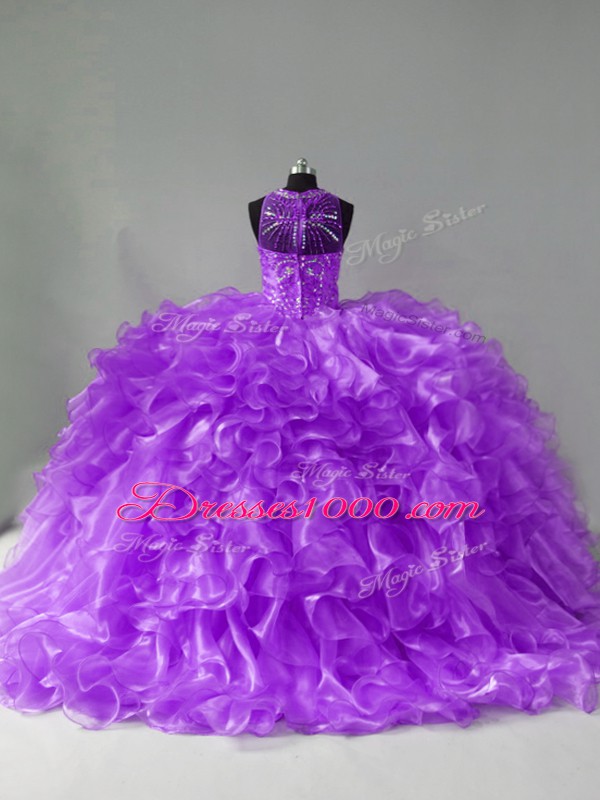Ideal Purple Organza Zipper Quinceanera Gowns Sleeveless Brush Train Beading and Ruffles