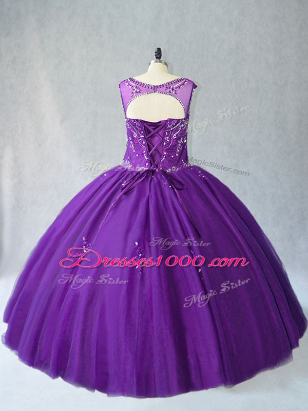 Purple Lace Up Sweet 16 Dress Beading and Appliques Sleeveless Floor Length